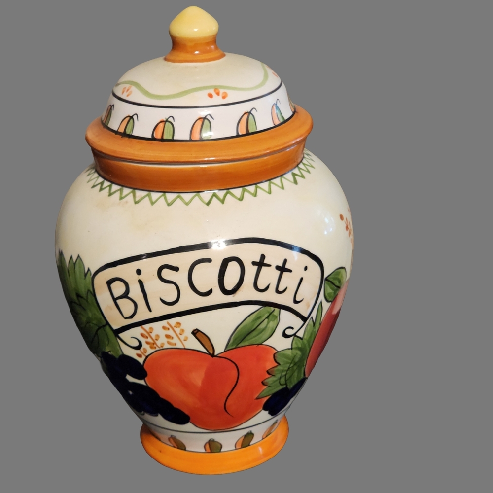 Hand-Painted Biscotti Jar with Orange and Green Accents